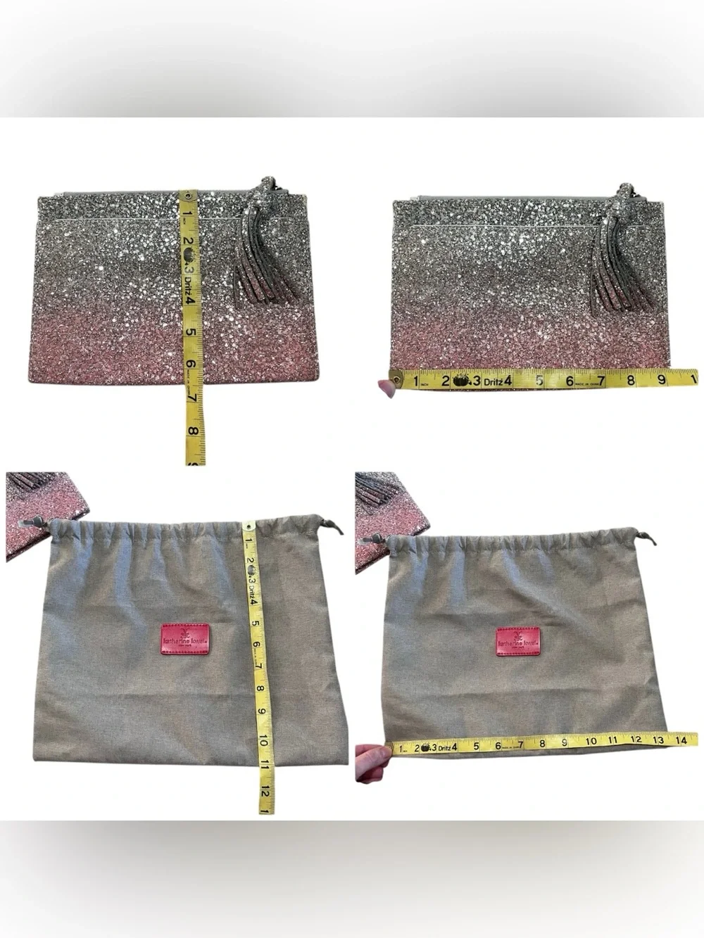 Katherine Kwei Silver Pink Ombre Glitter Leather Lila Pouchette Clutch Bag NWT
